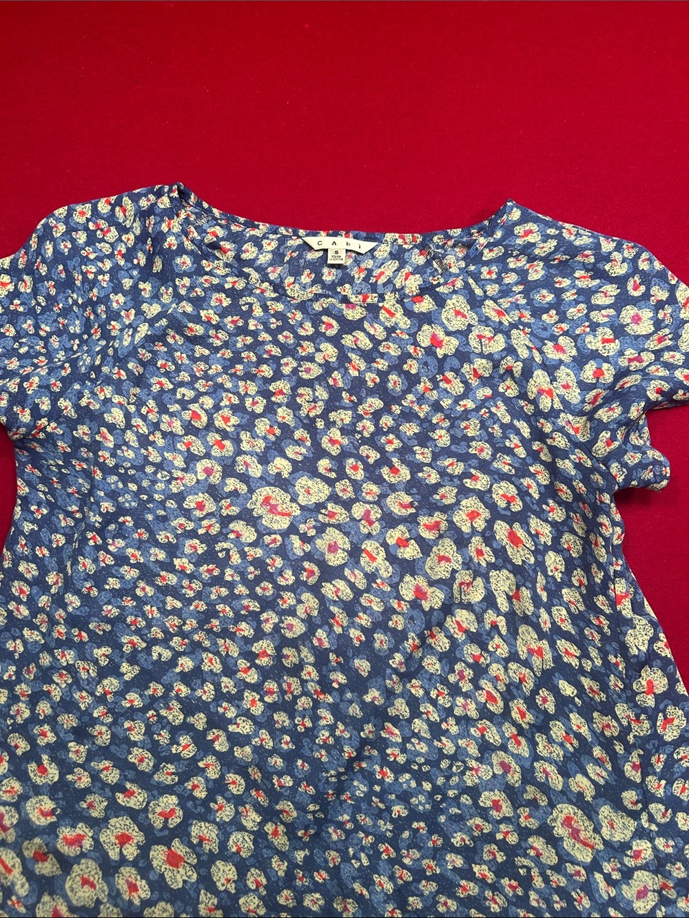 Cabi Blue Floral Short Sleeve Tee with Cream and Red Accents